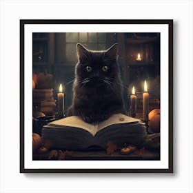 Dark Academia Cat with Grimoire Halloween Art Print