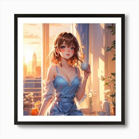 Cute Girl With Cup Of Coffee Art Print