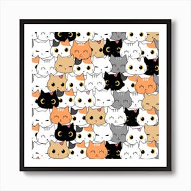 Cute Cat Kitten Cartoon Doodle Seamless Pattern Art Print