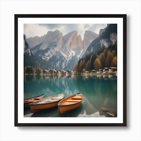 Beautiful Lake With Boats In The Italian Alps Lago Di Braies 3 Art Print