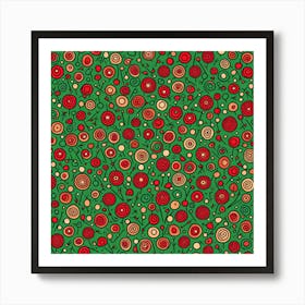 Christmas Swirls, A Pattern Featuring Abstract Geometric Shapes With Lines Rustic Green And Red Colors, Flat Art, 119 Art Print