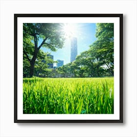 Bright Green Grass Under A Radiant Sun Swathed In Tokyo City Stands Out Against The Contrasting Sh (2) Art Print