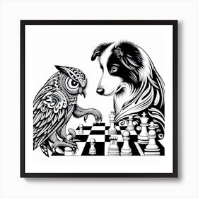 Border Collie S Chess Duel With An Owl Art Print