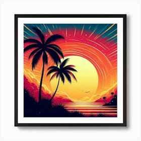 Sunset With Palm Trees Art Print