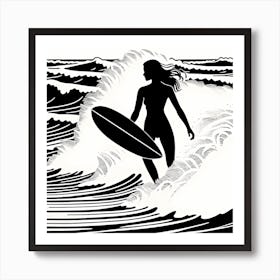 Linocut Black And White Surfer Girl On A Wave art, surfing art, 251 Art Print