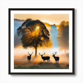 Deer In A Misty Morning Meadow 1 Art Print