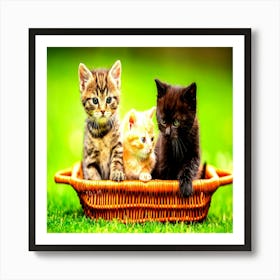 Kittens In A Basket,Three little colorful kittens are curiously sitting in the brown basket in the garden. Art Print