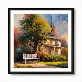 watercolor drawing of a house with a bench in front of it and a tree in the background with a light on Art Print