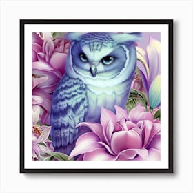 Owl In Purple Flowers Art Print