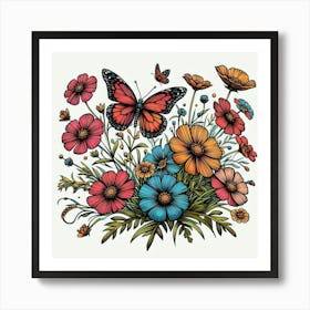 Butterfly And Flowers Art Print