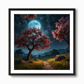 Night Landscape With Trees And Moon Art Print