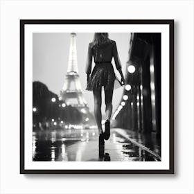 Black and white rainy Eiffel Tower lady legs  Art Print