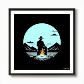 Solo Cowboy Camp Fire At Night - Minimal Illustration Art Print