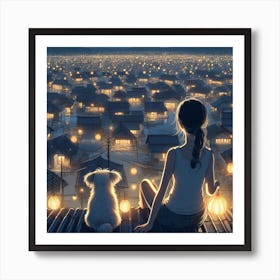 Little girl and her little dog looking at the night sky together 3 Art Print