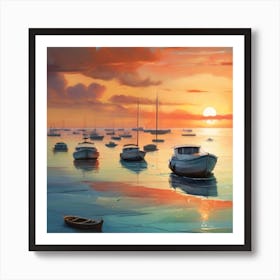 Sunset Boats orange and blue wallart printable Instagram post Art Print