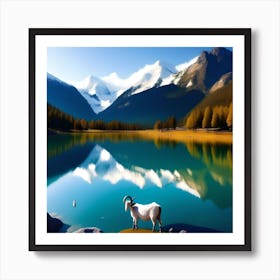 Majestic Peaks and Playful Goats: A Breathtaking Lake Scene Art Print