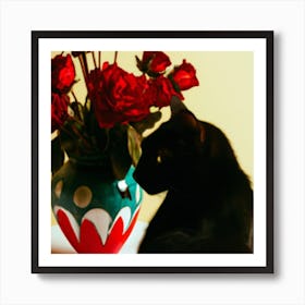 Black Cat With Red Roses Art Print