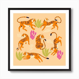 Tigers On Beige With Tropical Leaves Square Art Print