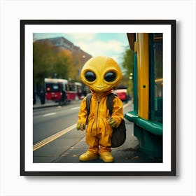 Firefly Friendly Yellow Alien Waiting At A Bus Stop 1622 (2) Art Print