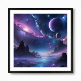 A breathtaking night sky filled with shimmering stars, glowing planets, and swirling nebulae. The scene is both mystical and serene, with deep blues and purples creating a sense of infinite wonder 1 Art Print