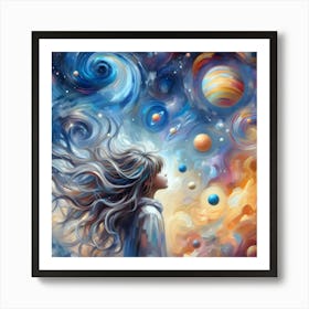 Starry Night Dreamer Celestial Girl in Space Oil Painting Art Print