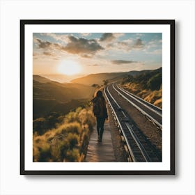 Woman Walking On Train Tracks At Sunset Art Print
