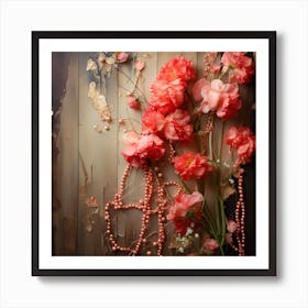 Pink Flowers On A Wooden Background Art Print