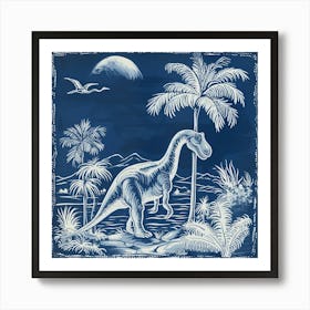 Dinosaur Blue Print Jurassic Landscape Art Print