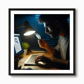 Man Looking At Computer Screen At Night Art Print