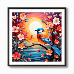 A Bright Toned Design With Flowers And Leaves Trees And Birds A Beautiful And Simple Picture Wall art, Bird On A Branch At Sunset Art Print