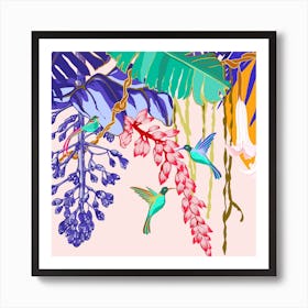 Hummigbirds And Heliconia Flowers Square Art Print