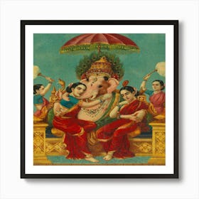 Ganapati With His Consorts Riddhi And Siddhi, India Art Print