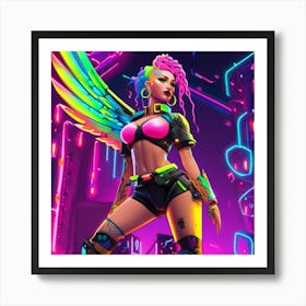 Neon Girl With Wings 4 Art Print