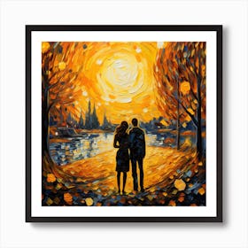 Couple Walking In The Park At Sunset Art Print