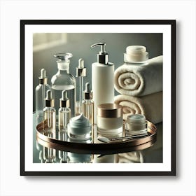 Luxury Skincare Display Wall Art: Elegant Glass Bottles and Cream Jars for Sophisticated Beauty and Self-Care Decor Print Art Art Print