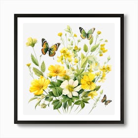 Yellow Flowers With Butterflies Art Print