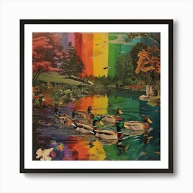 Rainbow Ducks In The Pond 2 Art Print