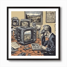 Man In Front Of A Television Art Print