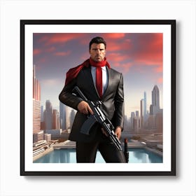 The Image Depicts A Man In A Black Suit And Helmet Standing In Front Of A Large, Modern Cityscape 6 Art Print