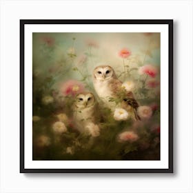 Barn Owls In Flowers Art Print