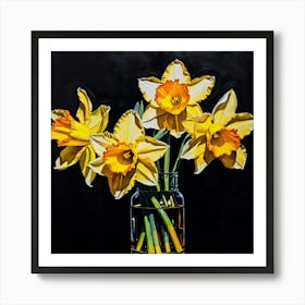 Daffodils In A Vase On A Black Backdrop Spring Still Live Art Print