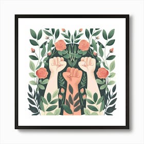 Women Feminist Fists Up Flowers Pastel Colors Art Print