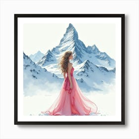 Sophisticated Lady In Watercolor Fashion, Majestic Snowy Peaks 1 Art Print