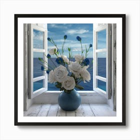 Blue Flowers By The Window Art Print