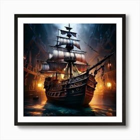 Watercolor Pirate Ship Full Theme Studio Photography Complex Details High Detail Art Print