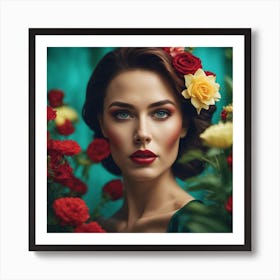 An Artwork Depicting A Women, Big Tits, In The Style Of Glamorous Hollywood Portraits, Green Red, Ye Art Print