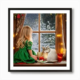 Firefly Little Girl, Blonde, Red Bow, Green Dress, Looking Out, Window, Snow Covered Forest, Fabulou (1) Art Print