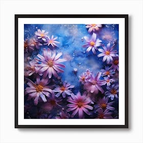 Purple Daisies On A Blue Background Art Print