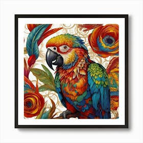 A colorful parrot in the style of intricate psychedelic swirl patterns, in the style of Magali Villeneuve, love and romance, in the style of Caravaggio, colorful Moebius, white background Art Print