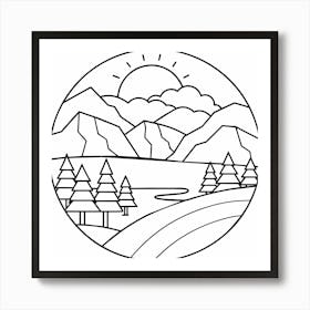 Moutains Trees Landscape Nature Clouds Minimalist Drawing Line Art Geometric Art Print